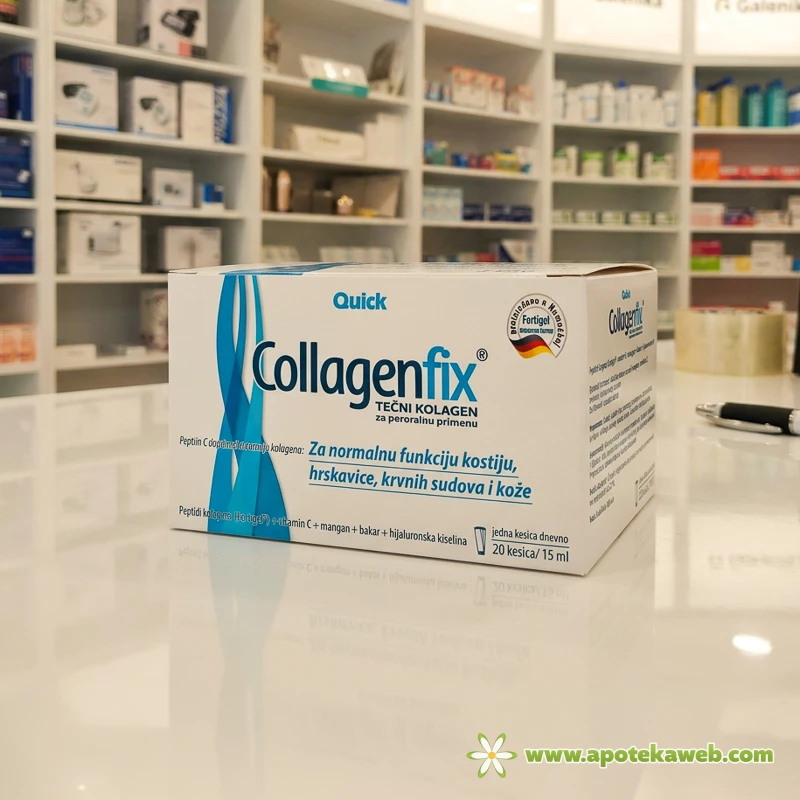 collagenfix-tecni-kolagen-20-kesica.webp tečni kolagen u vrecicama u bijeloj kutiji sa plavim slovima