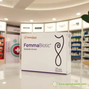 zenski probiotik u bijeloj kutiji sa ljubicastim sarama u apoteci