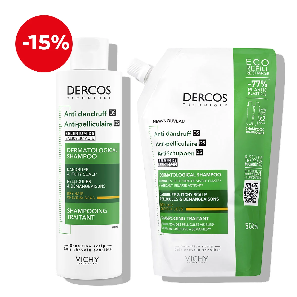 Vichy DERCOS Anti-Dandruff Shampoo + eco refill for dry scalp (1)