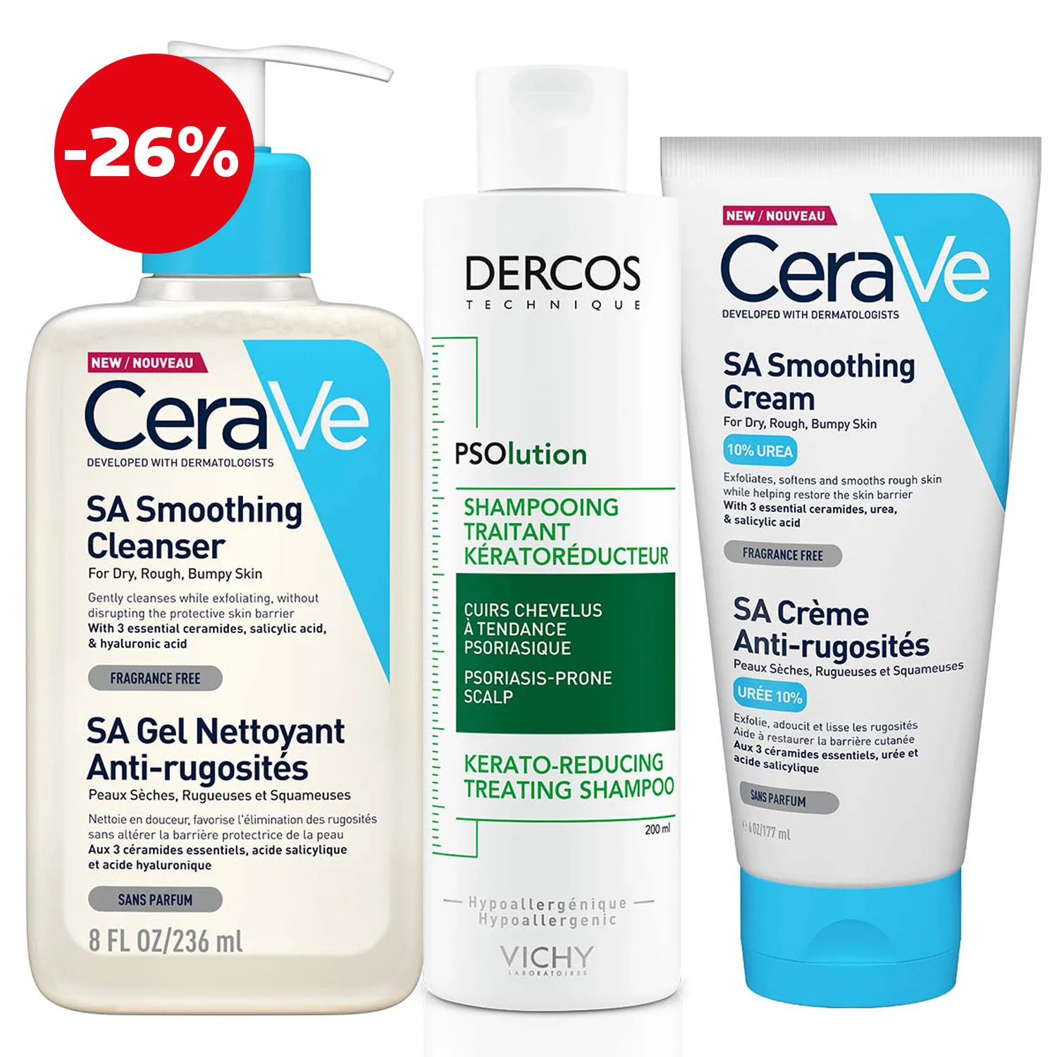 Vichy + CeraVe Soothing protocol for dry, rough skin prone to psoriasis (shampoo, shower gel, body care) (1)