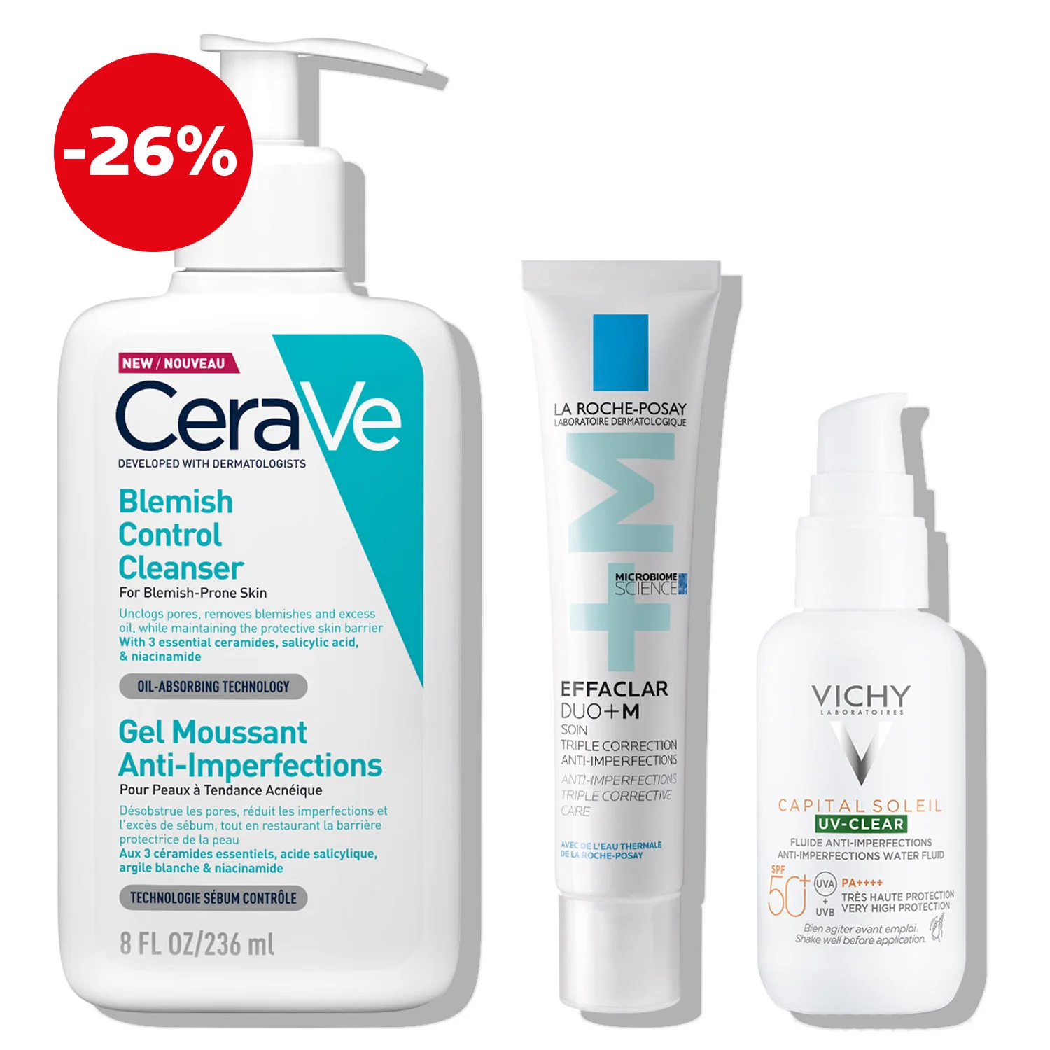 Dermatologist recommended Blemish routine; La Roche Posay Effaclar + CeraVe Blemish Control + Vichy Capital Soleil (1) (1)