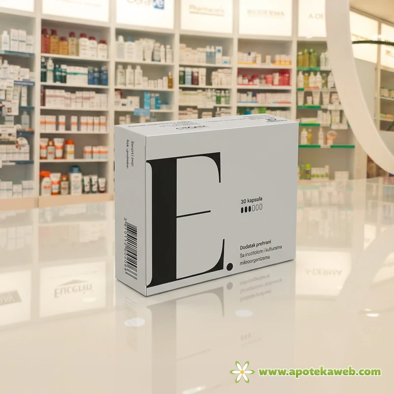 enterobiome-30-kapsula.webp probiotik u sivoj kutiji sa slovom e