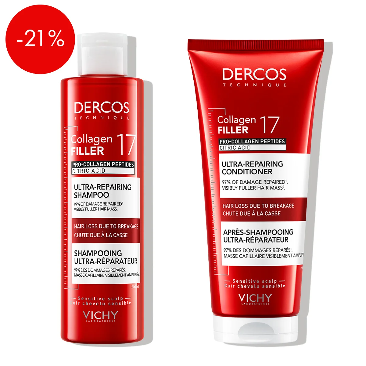 dercos collagen filler 17 deeply regenerating shampoo 200 ml & dercos collagen peptide 17 ultra-repairing treatment, 150ml